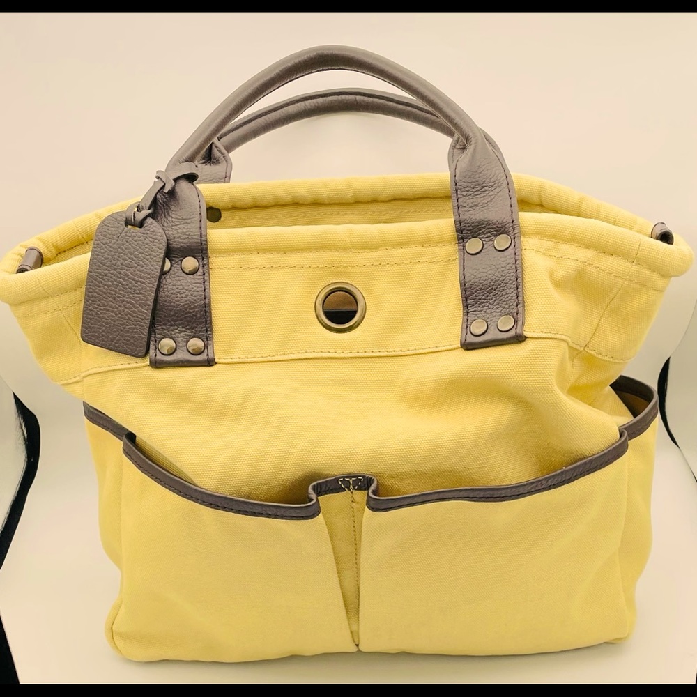 Levenger Purse Bloomsbury Book Bag Canvas Tote Tan Brown Leather Handles Trim